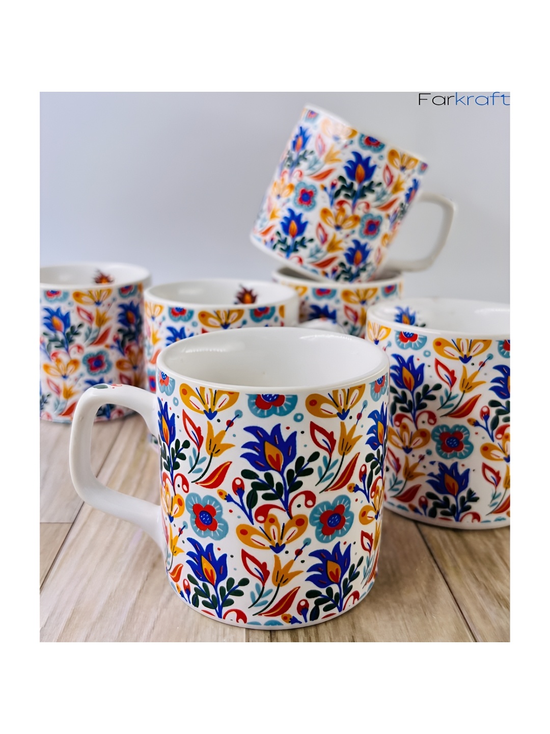 

Farkraft Blue & White 6 Pieces Floral Printed Ceramic Glossy Cups and Mugs