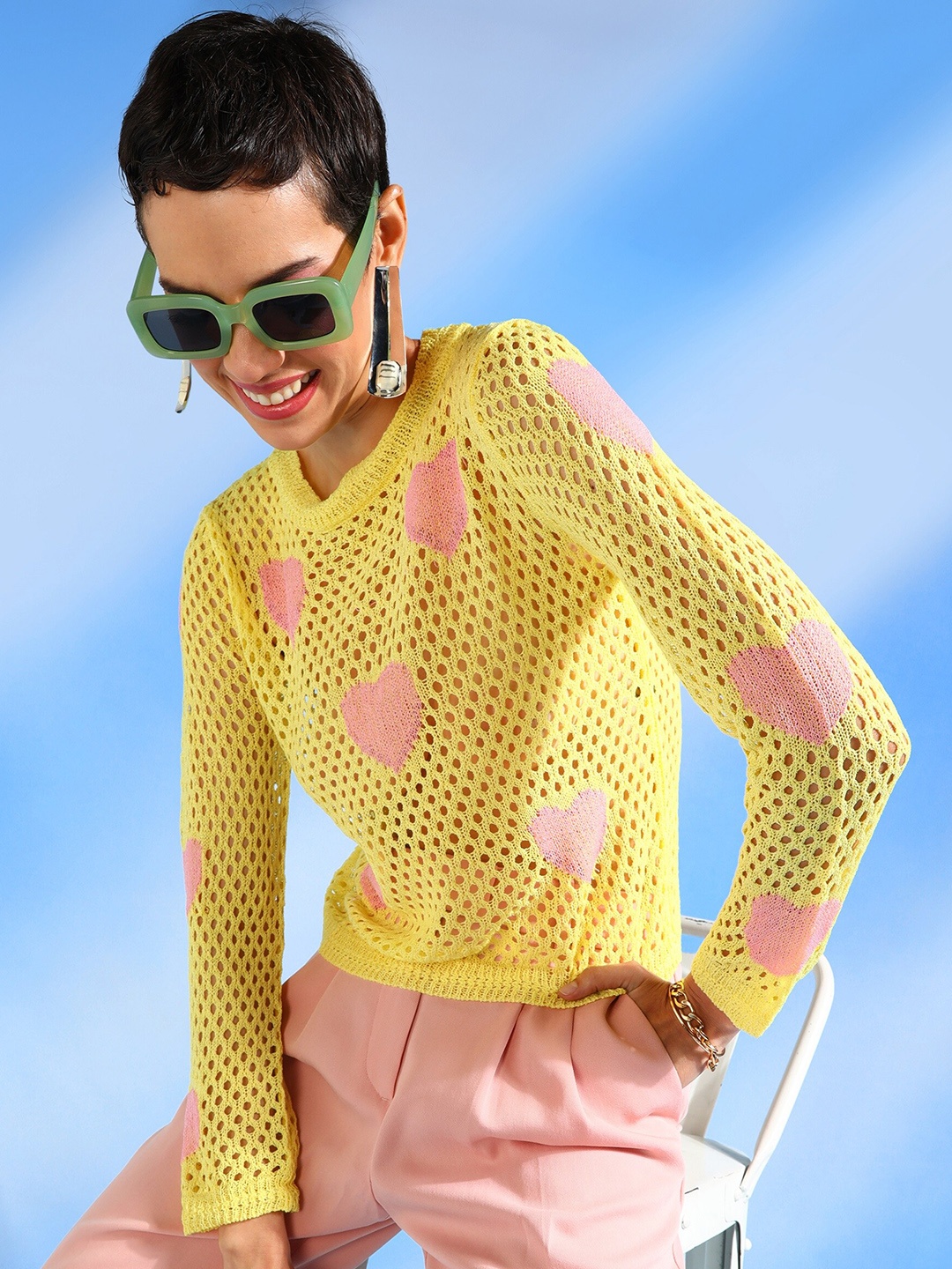 

SHECZZAR Printed Cotton Crochet Top, Yellow