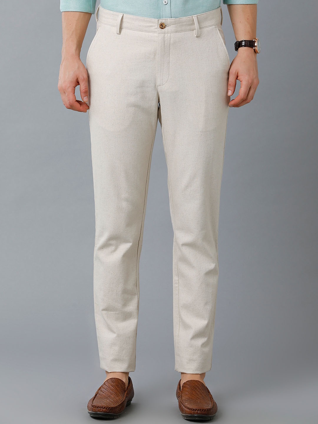 

CAVALLO by Linen Club Men Off White Comfort Slim Fit Easy Wash Trousers
