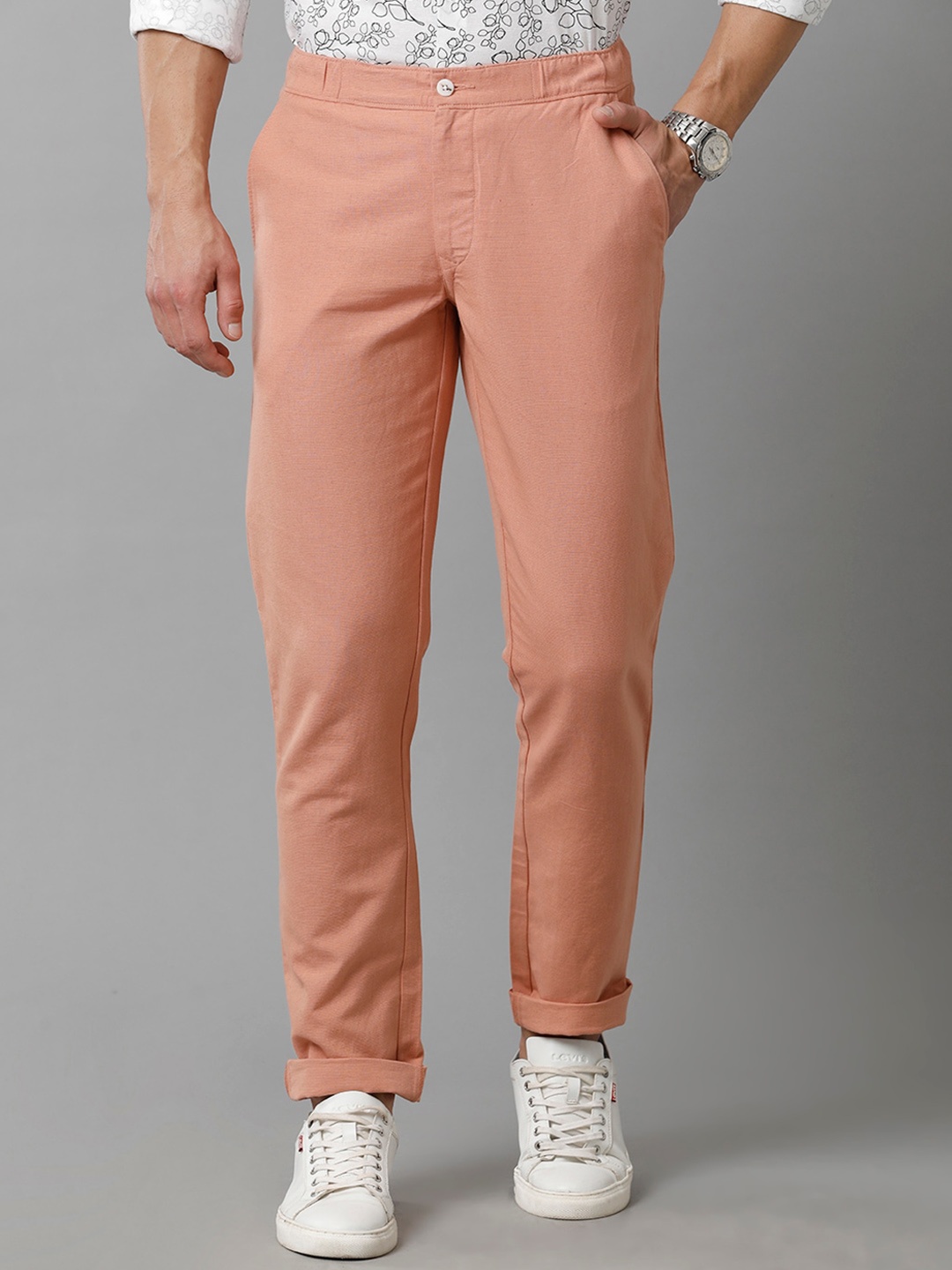 

CAVALLO by Linen Club Men Comfort Slim Fit Easy Wash Linen Regular Trousers, Pink