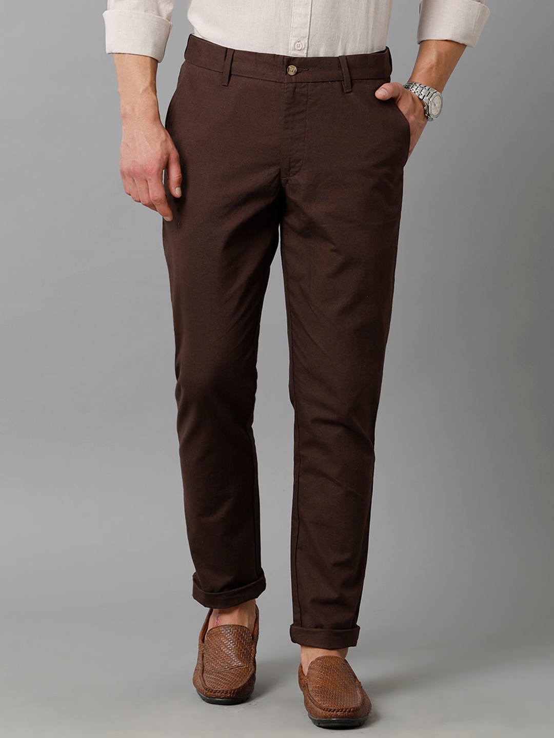 

CAVALLO by Linen Club Men Comfort Slim Fit Easy Wash Linen Regular Trousers, Brown