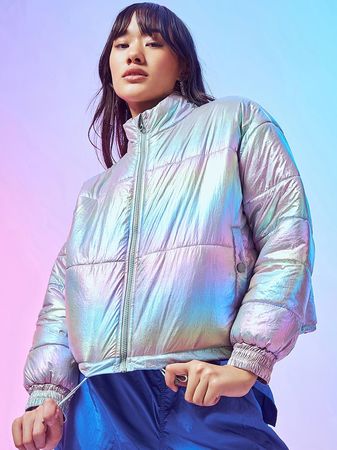 

Bewakoof Stand Collar Oversized Puffer Jacket, Grey