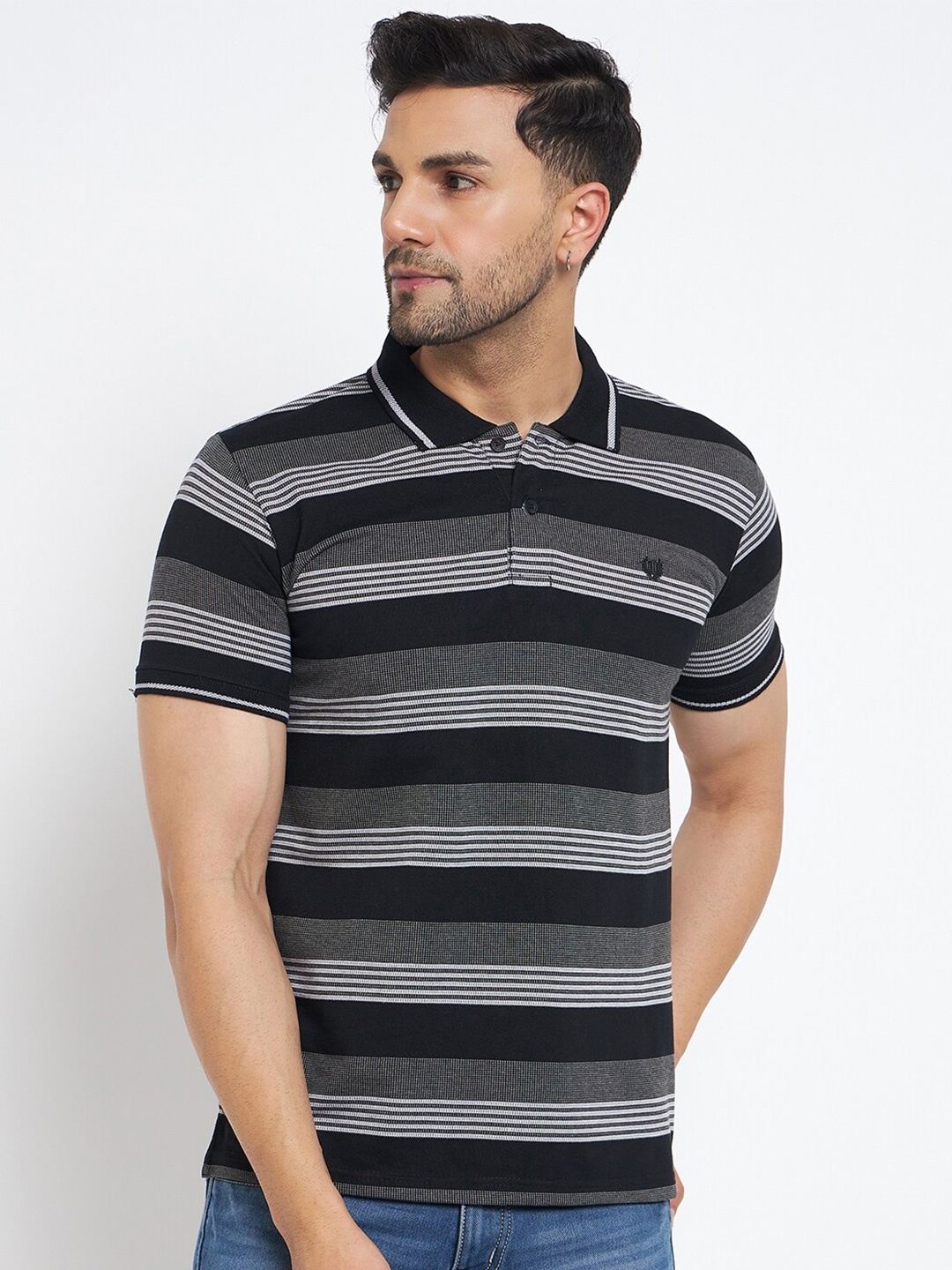 

Duke Striped Polo Collar Cotton Slim Fit Casual T-shirt, Black