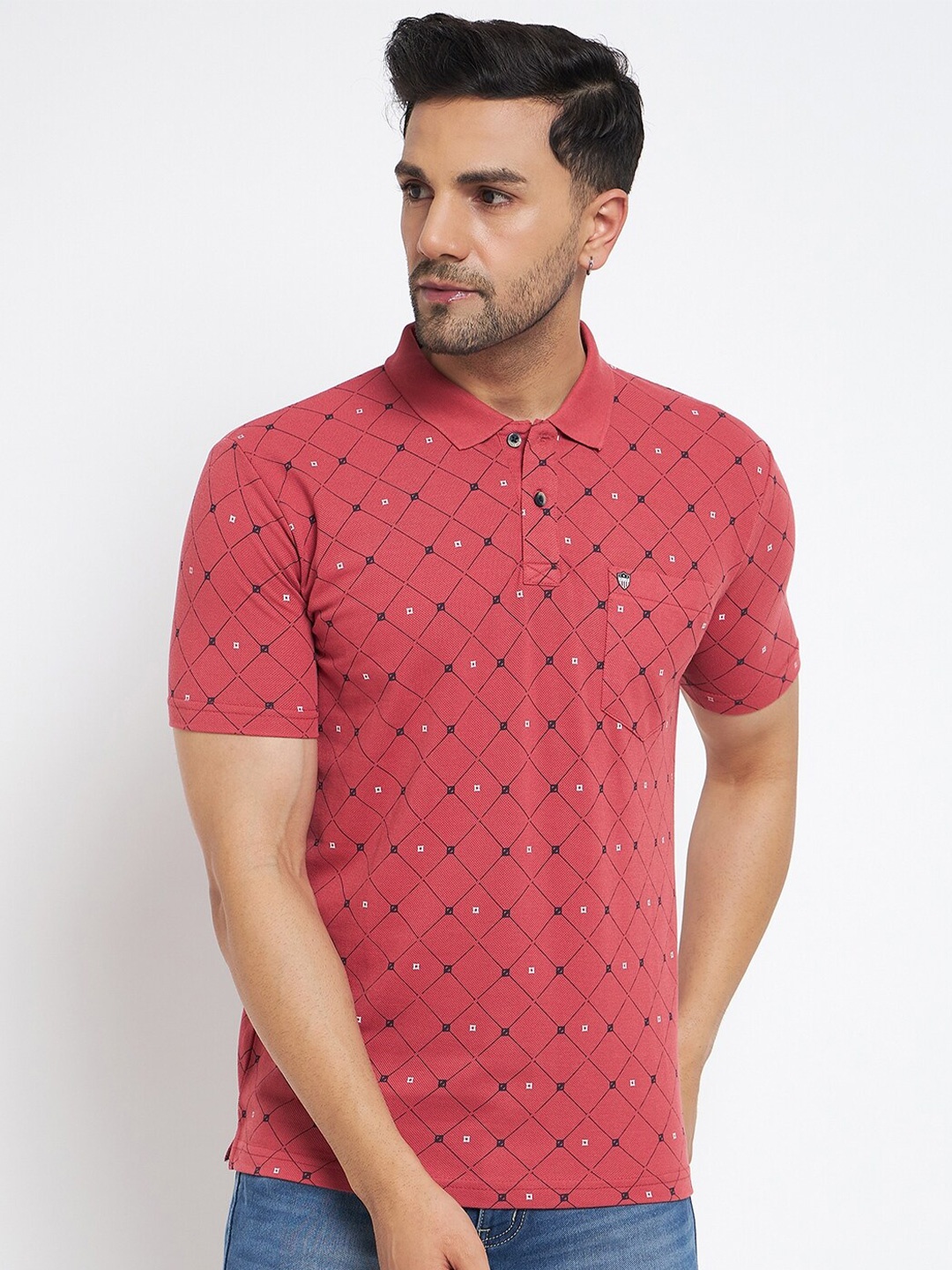 

Duke Geometric Printed Polo Collar Cotton Casual T-shirt, Red