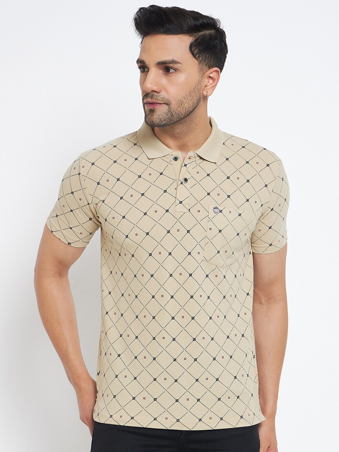 

Duke Checked Polo Collar Cotton T-shirt, Beige
