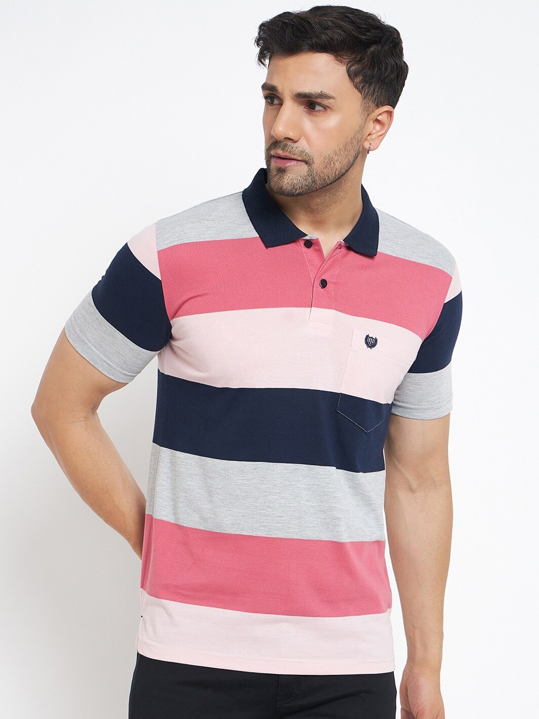 

Duke Striped Polo Collar Cotton Casual T-shirt, Pink