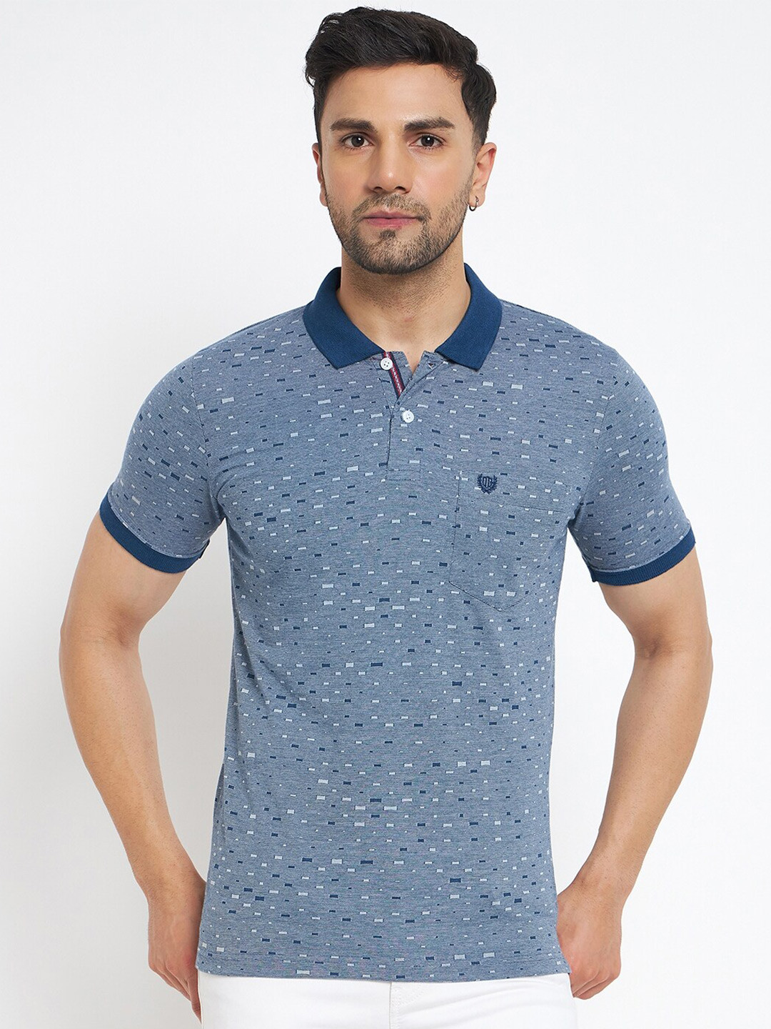 

Duke Geometric Printed Polo Collar Cotton T-shirt, Navy blue