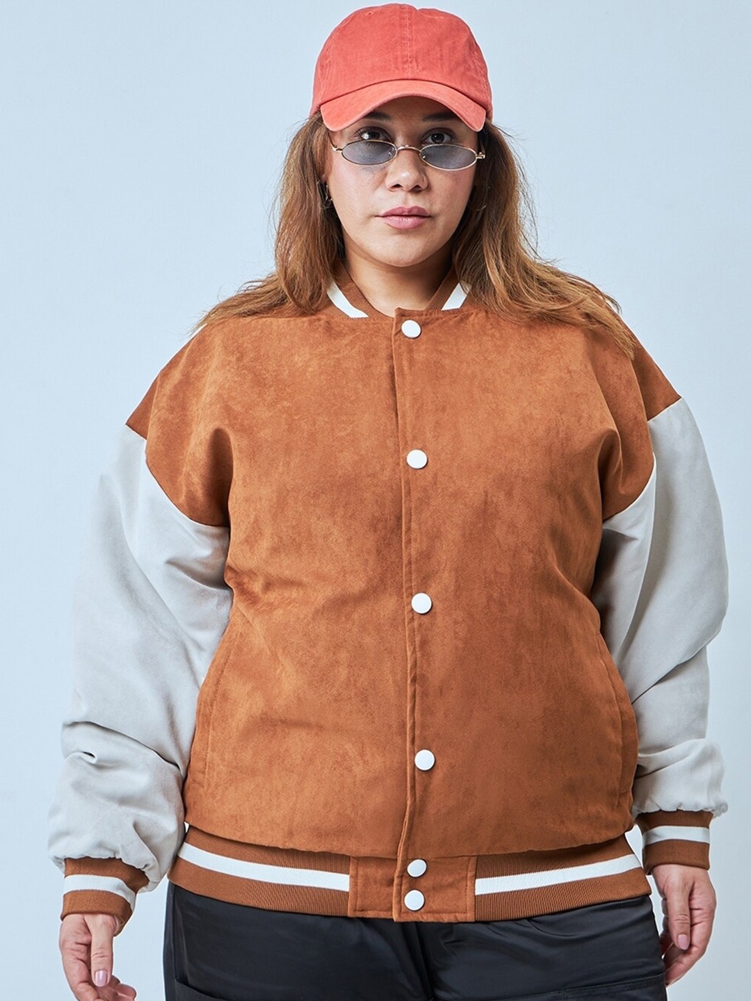 

Bewakoof Plus Graphic Printed Stand Collar Oversized Bomber Jacket, Brown