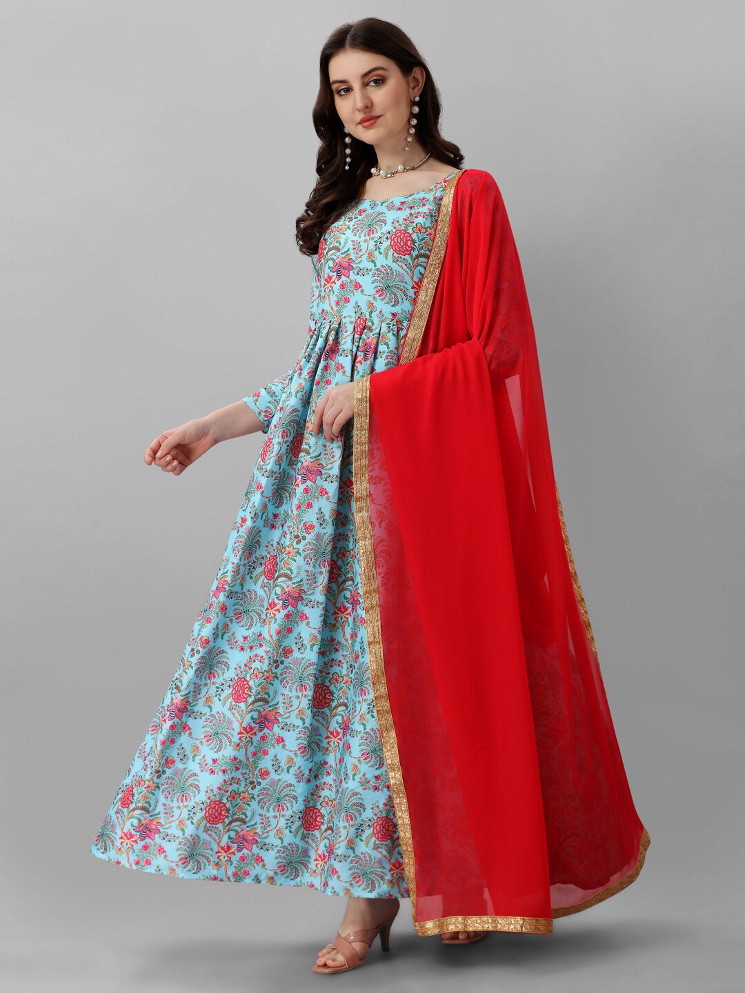 

Angroop Floral Printed Anarakali Ethnic Kurta With Dupatta, Blue