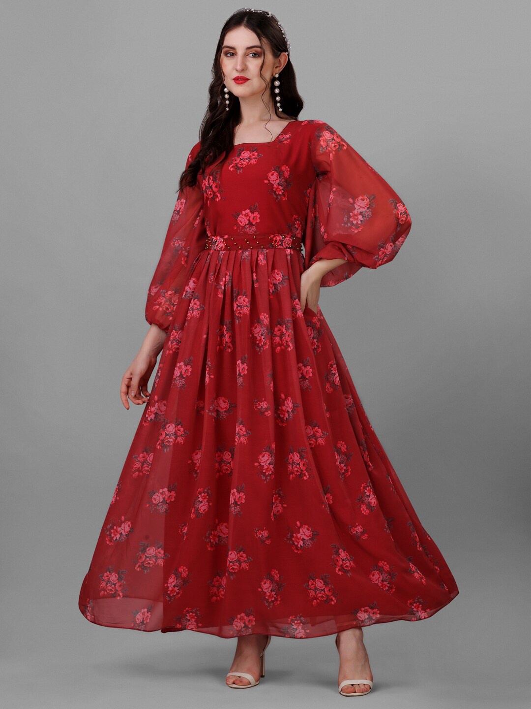 

Angroop Floral Printed Fit & Flare Ethnic Dress With Waistbelt, Maroon