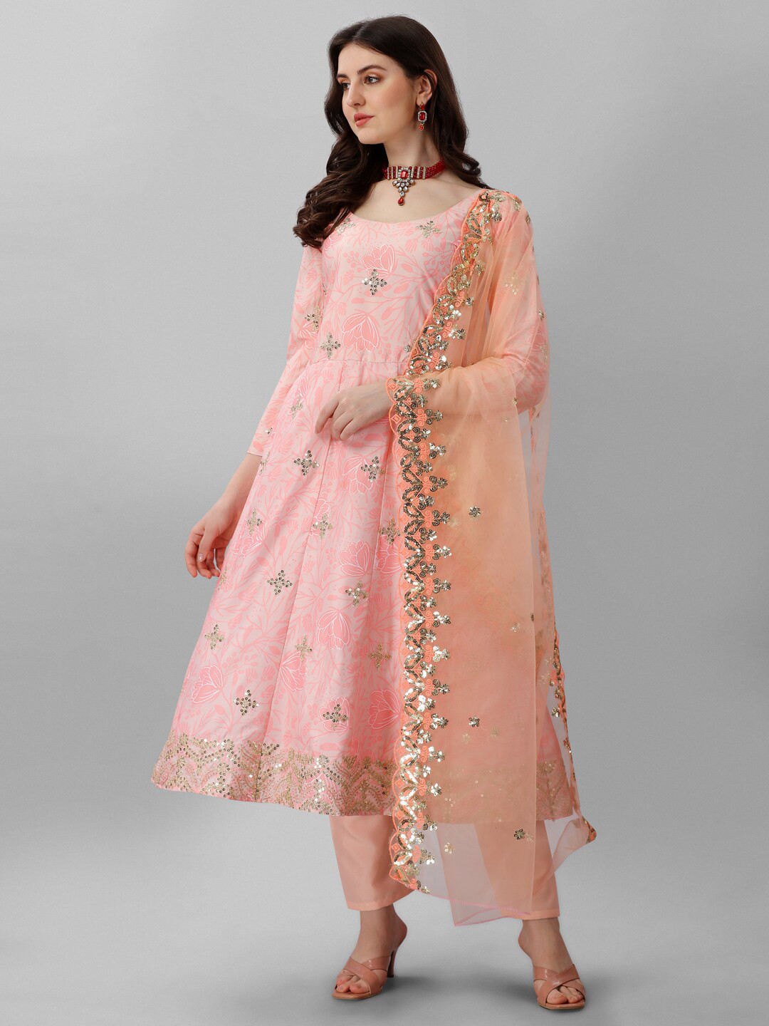 

Angroop Floral Printed Sequined Zari Anarkali Kurta & Trousers With Dupatta, Pink