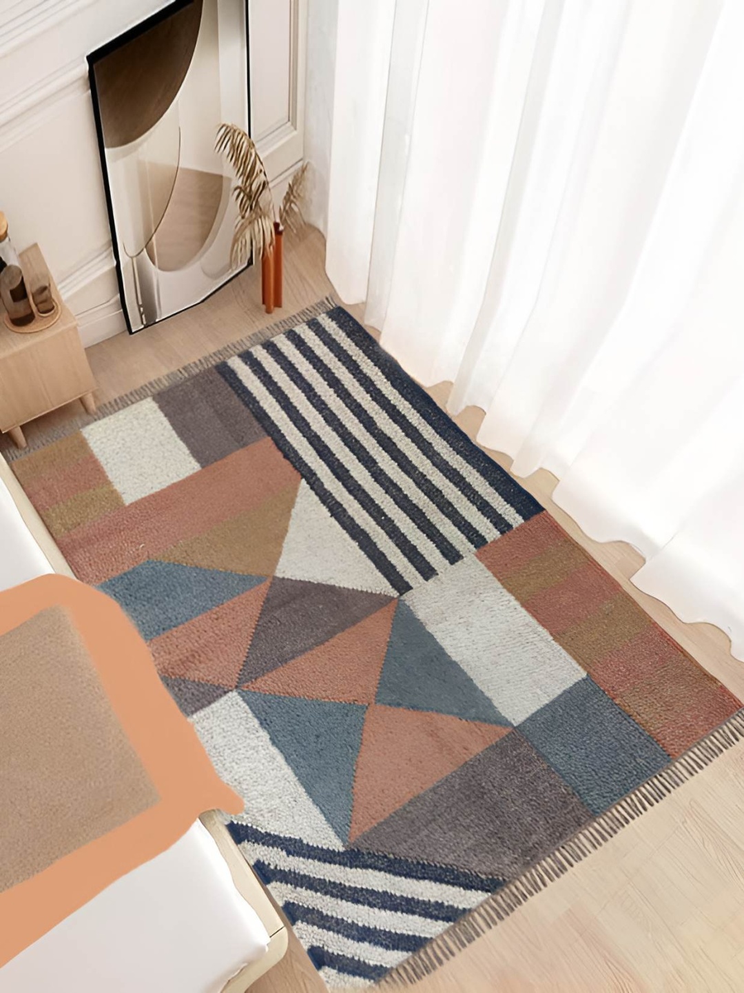 

Budhrajrugs Brown & Blue Geometric Woven Rectangular Dhurrie