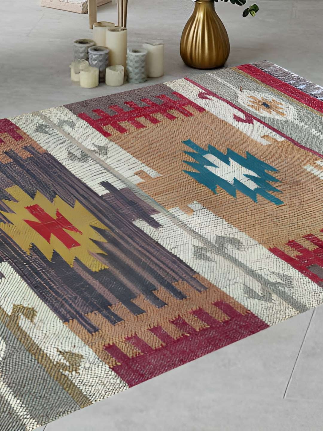 

Budhrajrugs Maroon & Grey Geometric Woven Rectangular Dhurrie