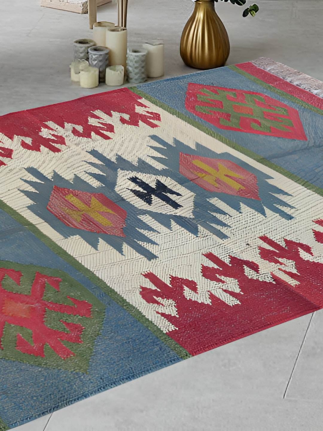 

Budhrajrugs Red & Blue Geometric Woven Rectangular Dhurrie