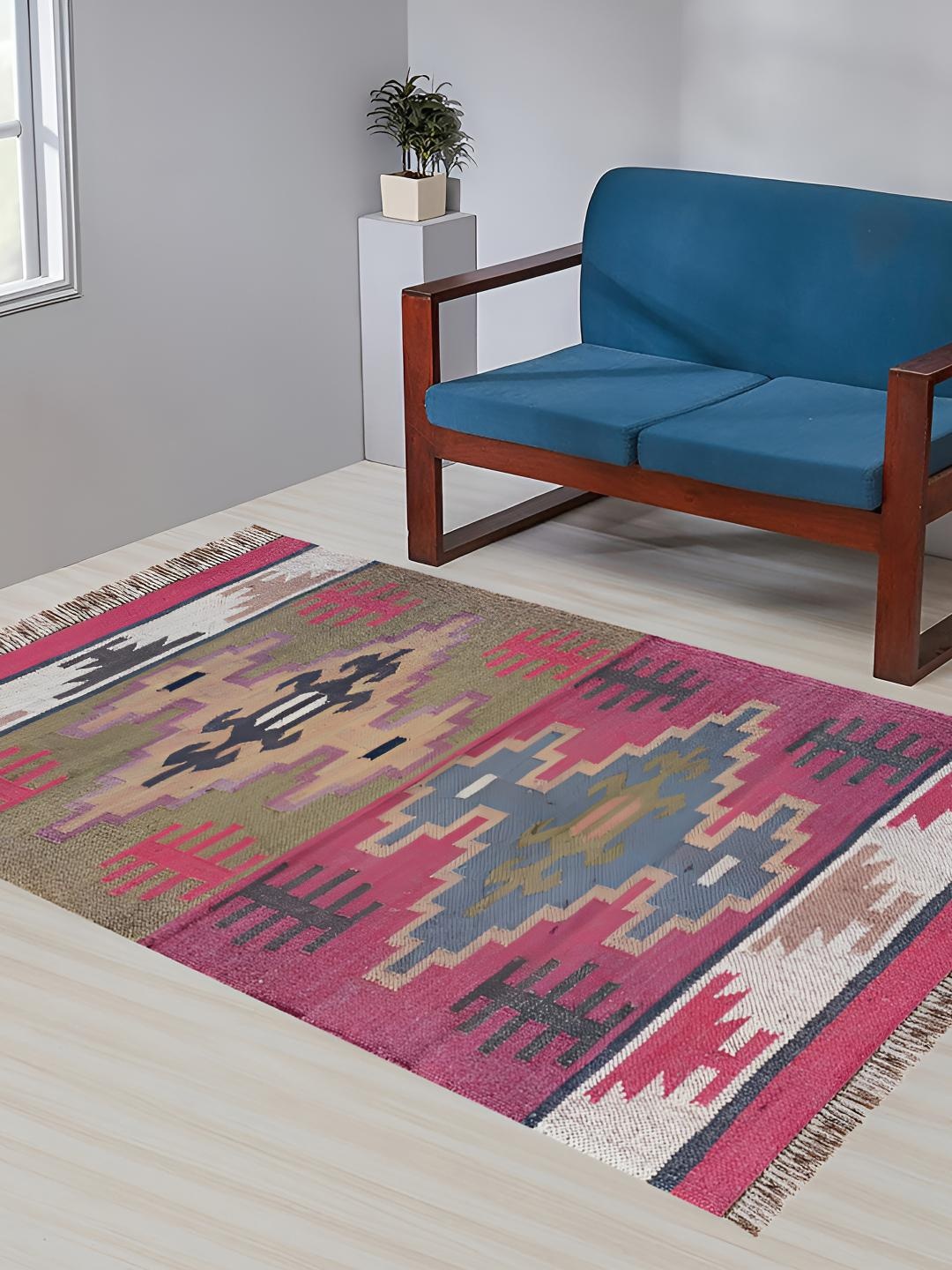 

Budhrajrugs Pink & Green Geometric Woven Rectangular Dhurrie