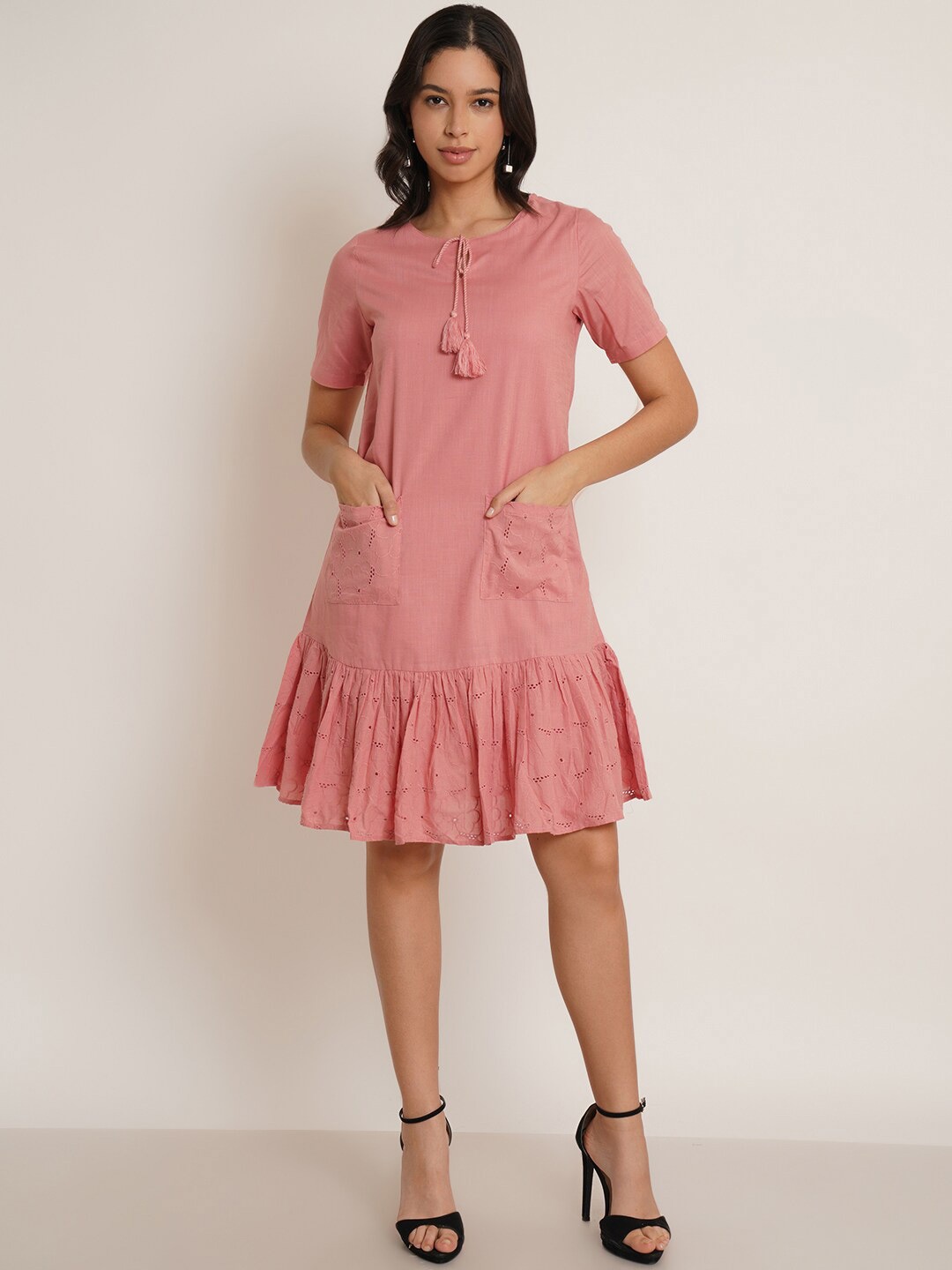 

IX IMPRESSION Tie-Up Neck Embroidered Schiffli Cotton Drop Waist Dress, Pink