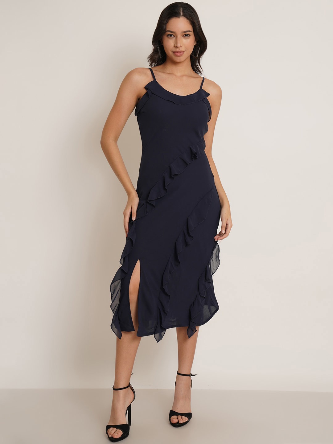 

IX IMPRESSION Shoulder Straps Ruffled A-Line Midi Dress, Navy blue