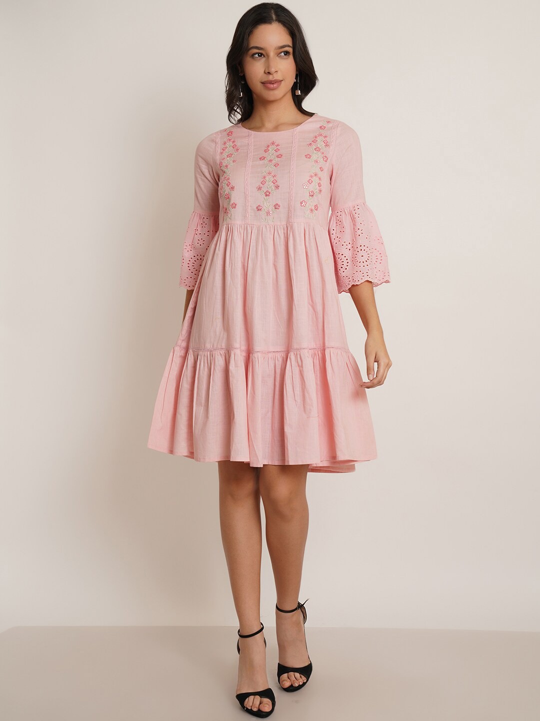 

IX IMPRESSION Floral Embroidered Schiffli Bell Sleeve Fit & Flare Dress, Pink