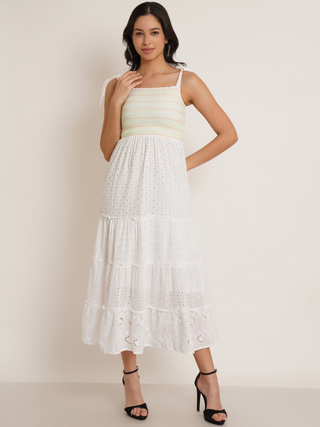 

IX IMPRESSION Schiffli Smocked A-Line Midi Cotton Dress, White