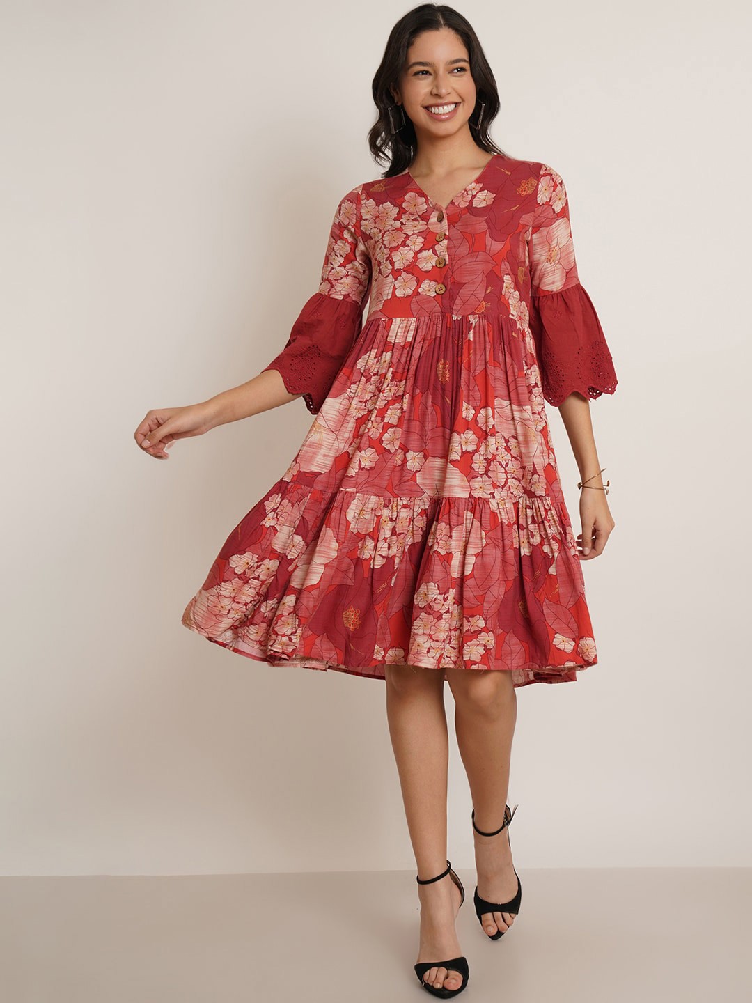 

IX IMPRESSION Floral Printed Bell Sleeve Schiffli Fit & Flare Cotton Dress, Maroon