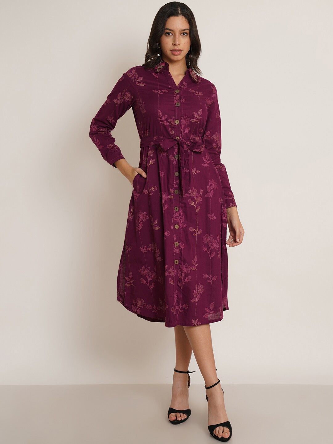 

IX IMPRESSION Floral Printed Shirt Collar Cuffed Sleeve Belted Cotton Shirt Dress, Magenta