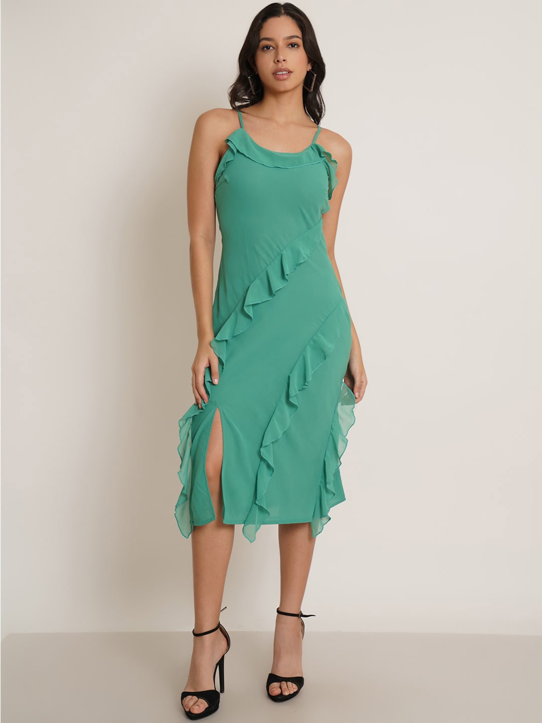 

IX IMPRESSION Shoulder Straps Ruffled A-Line Midi Dress, Green