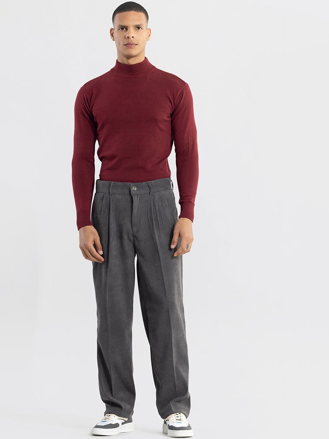 

Snitch Men Grey Smart Loose Fit Mid-Rise Plain Trousers