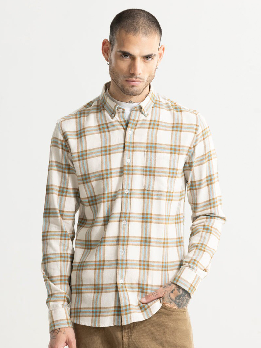 

Snitch Classic Slim Fit Tartan Checks Button-Down Collar Long Sleeves Cotton Casual Shirt, Cream