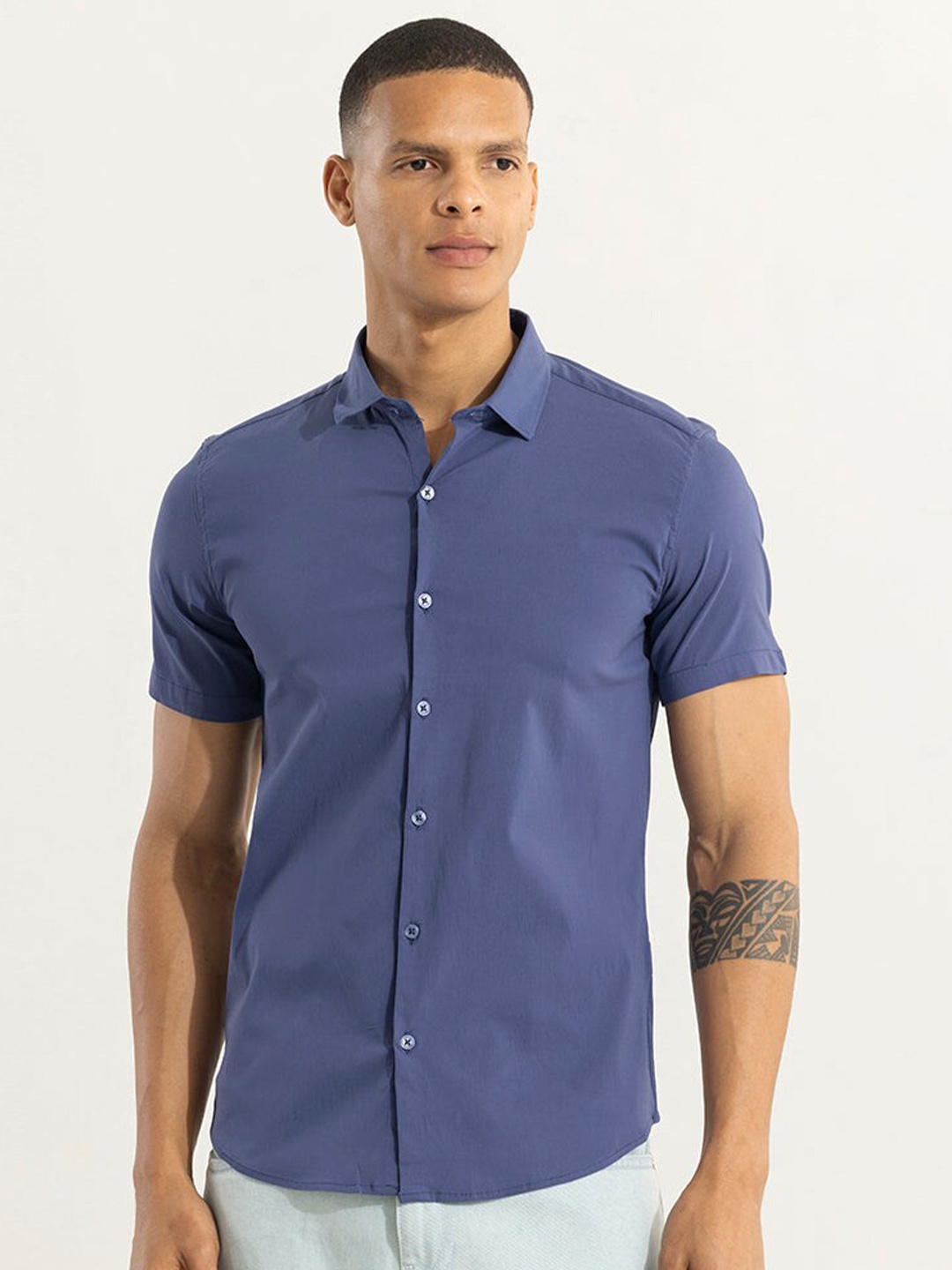 

Snitch Classic Blue Spread Collar Cotton Casual Shirt