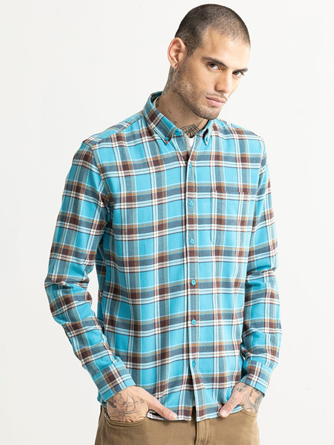 

Snitch Blue Classic Slim Fit Tartan Checked Button Down Collar Cotton Casual Shirt