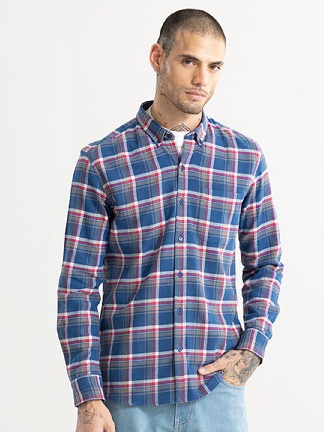 

Snitch Blue Classic Slim Fit Tartan Checked Cotton Casual Shirt