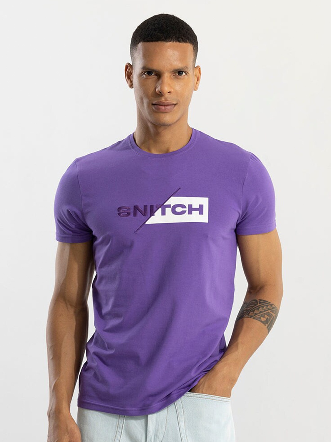 

Snitch Typography Printed Cotton T-shirt, Purple