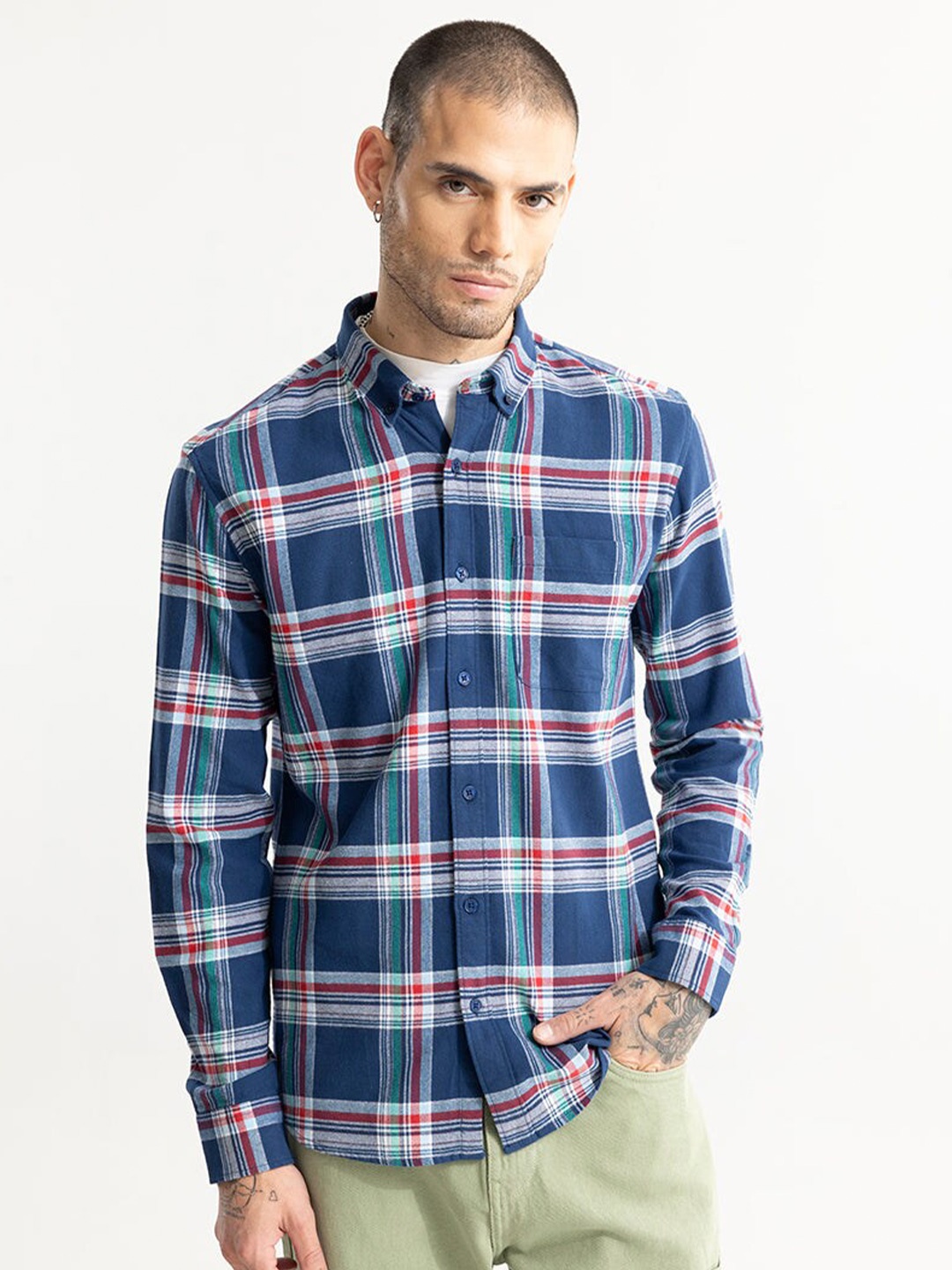 

Snitch Blue Classic Slim Fit Tartan Checked Cotton Casual Shirt