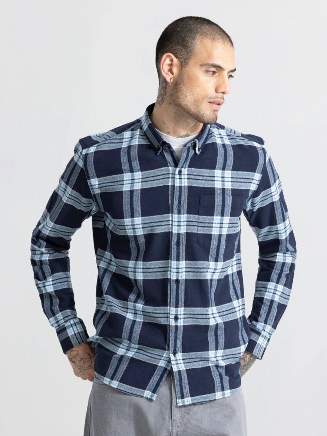 

Snitch Blue Classic Slim Fit Tartan Checked Cotton Casual Shirt