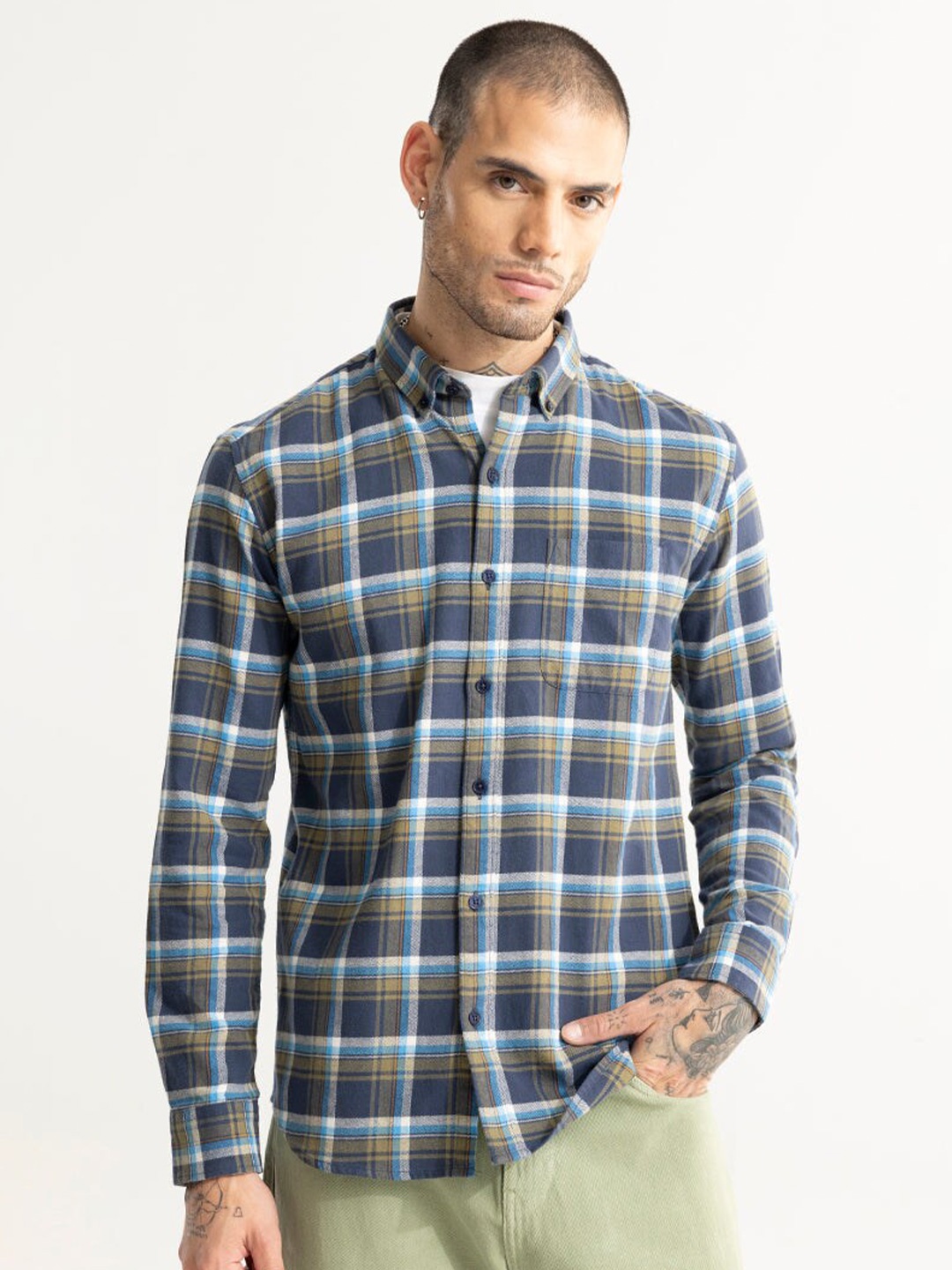 

Snitch Blue Classic Slim Fit Tartan Checked Cotton Casual Shirt