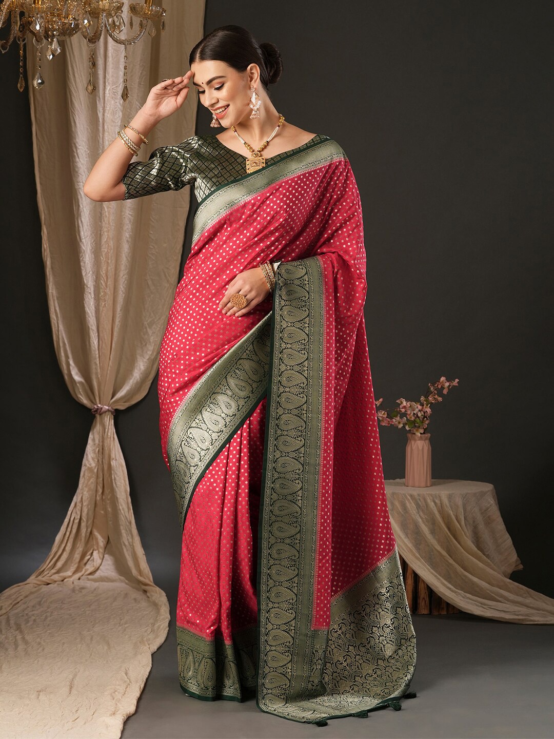 

Anouk Ethnic Motifs Pure Georgette Woven Design Zari Kanjeevaram Saree, Pink