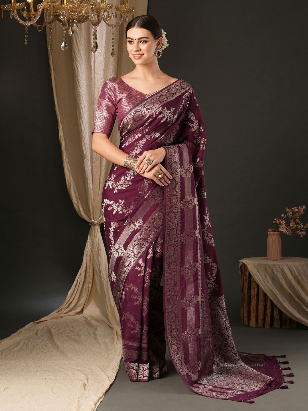

Anouk Ethnic Motifs Woven Design Pure Georgette Kanjeevaram Saree, Magenta
