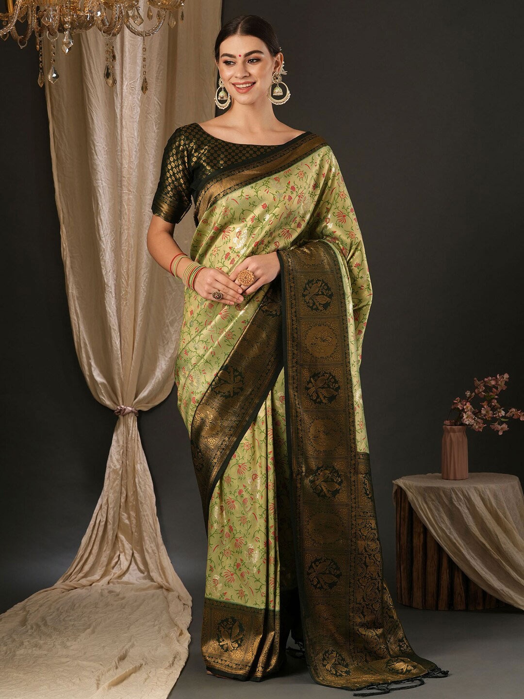 

Anouk Green Ethnic Motifs Silk Blend Designer Banarasi Saree