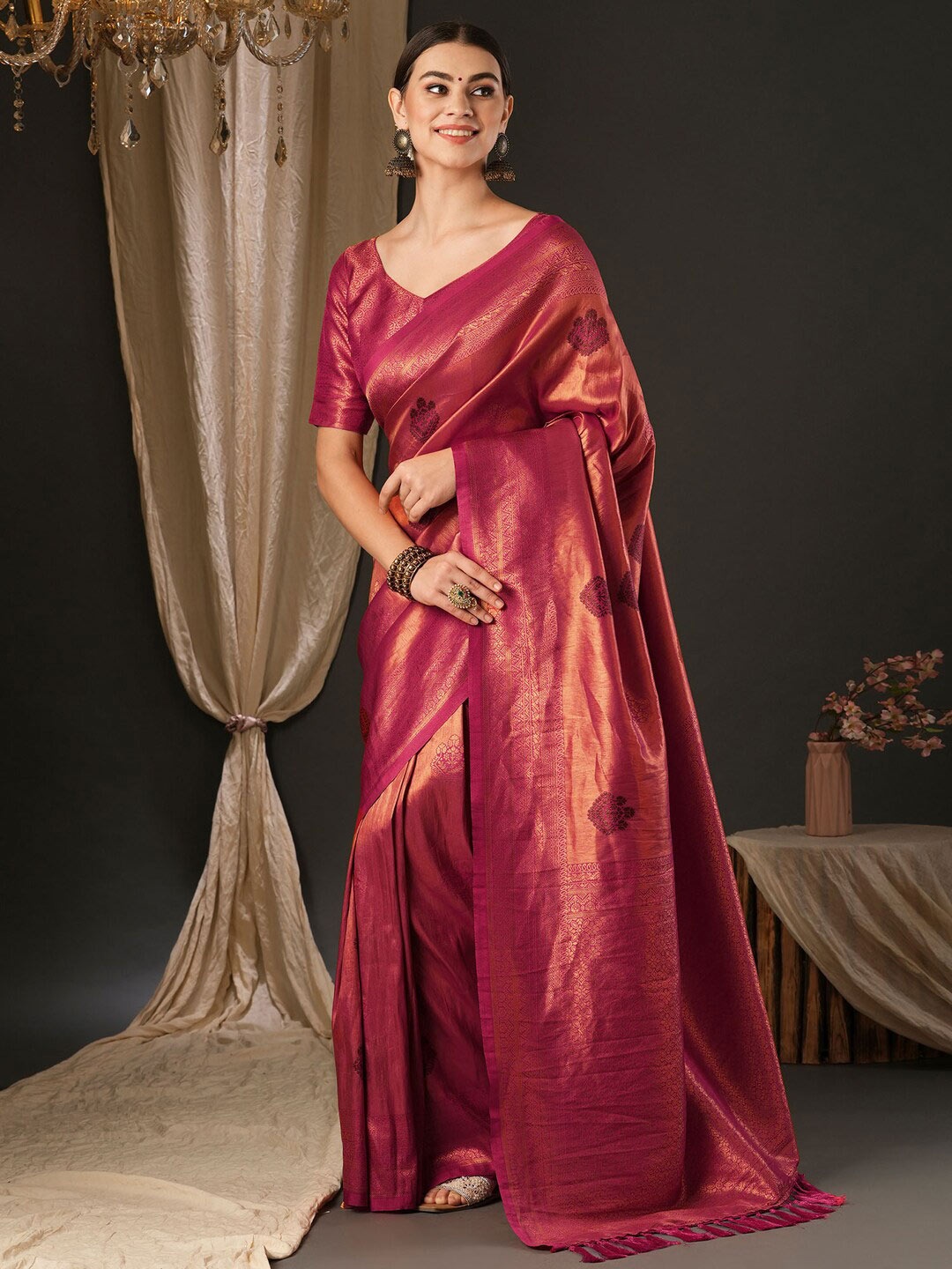 

Anouk Pink Ethnic Motifs Woven Design Banarasi Saree