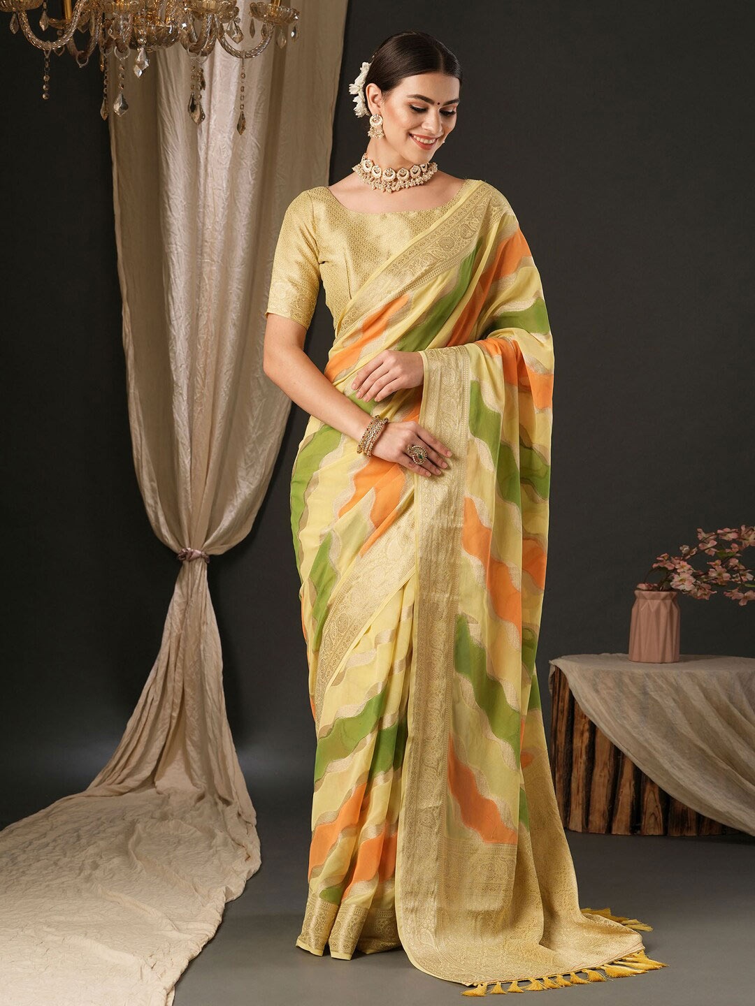 

Anouk Ethnic Motifs Pure Georgette Woven Design Traditional Wear Banarasi Saree, Yellow
