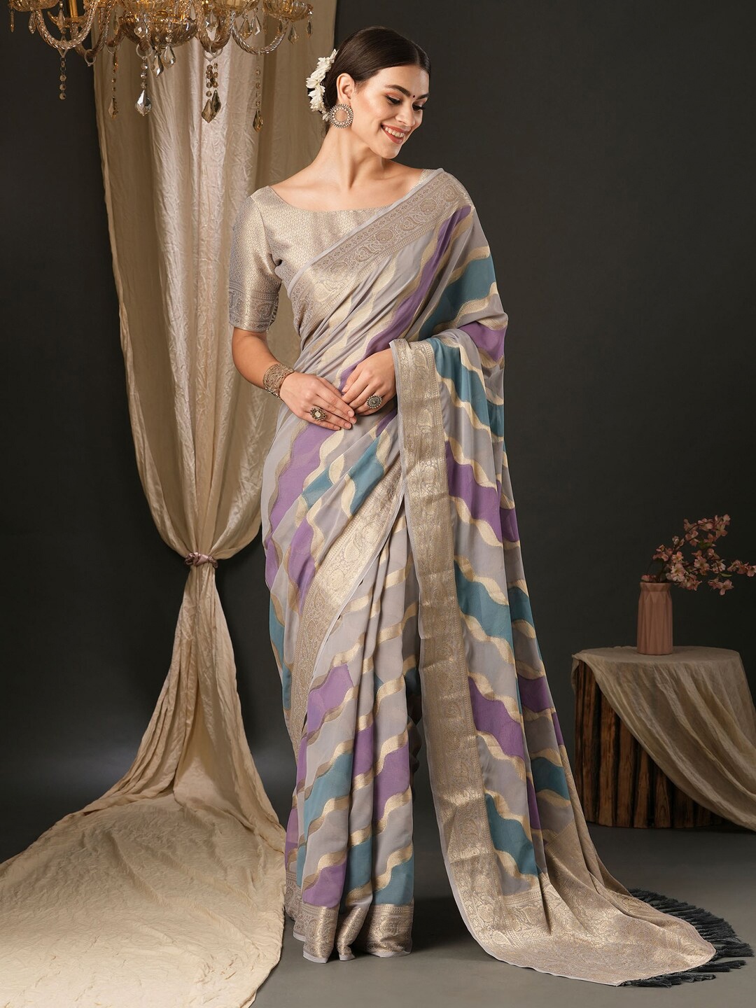 

Anouk Ethnic Motifs Zari Woven Design Pure Georgette Banarasi Saree, Grey