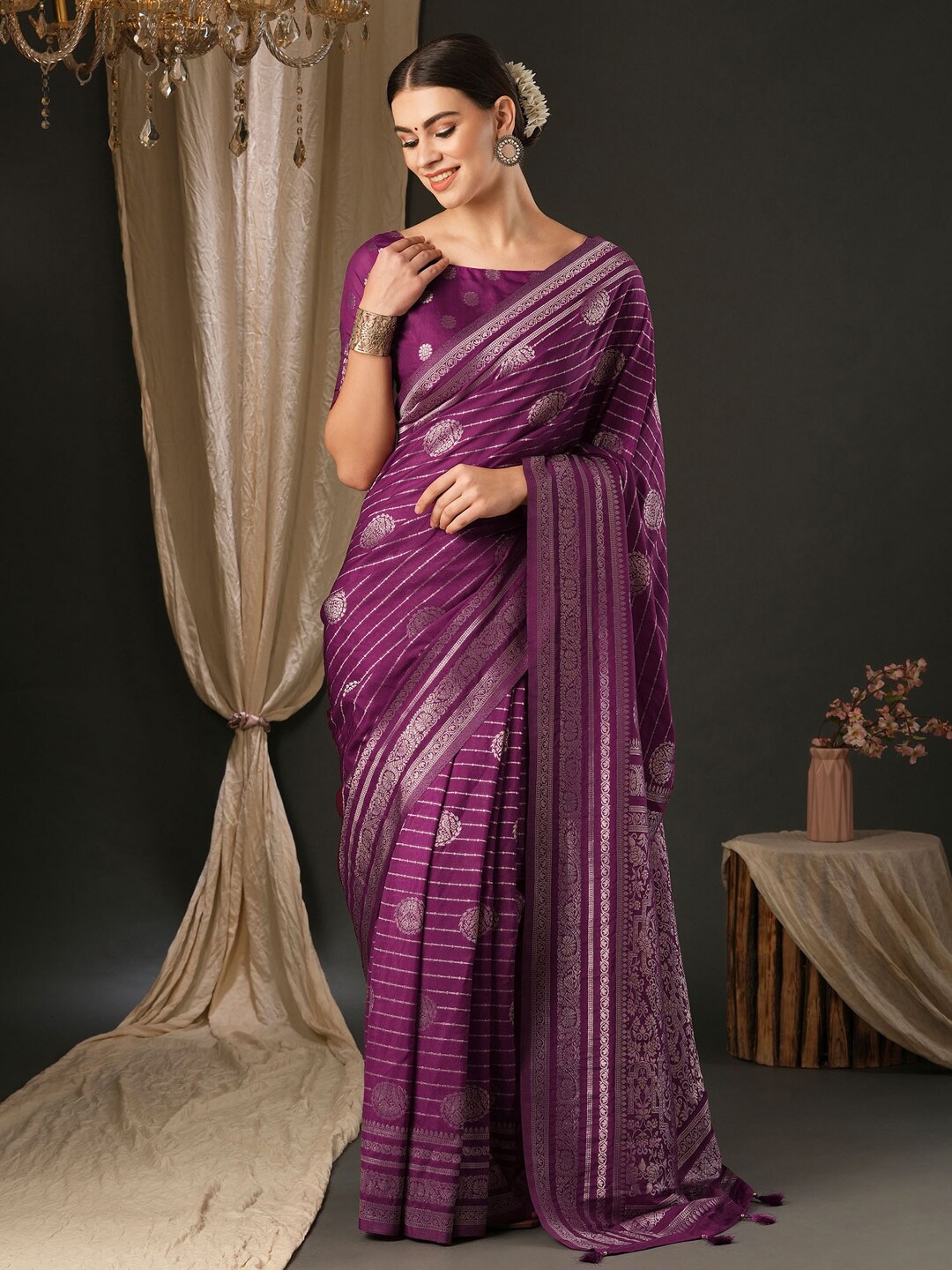 

Anouk Ethnic Motifs Pure Georgette Woven Design Kanjeevaram Saree, Purple