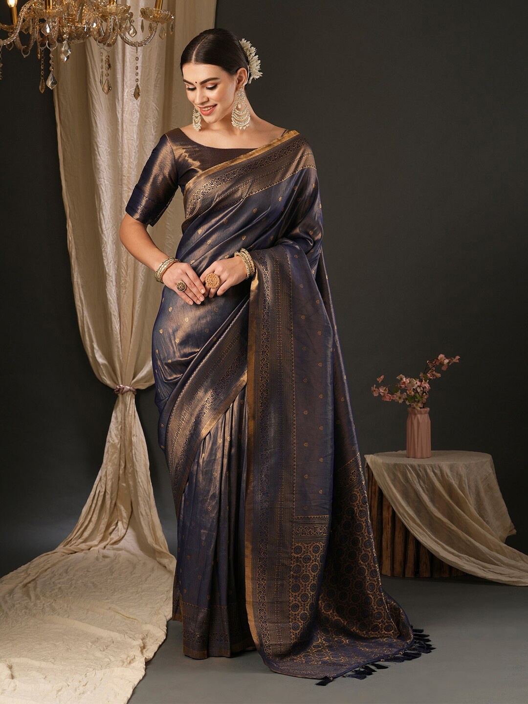 

Anouk Ethnic Motifs Zari Woven Design Banarasi Saree, Navy blue