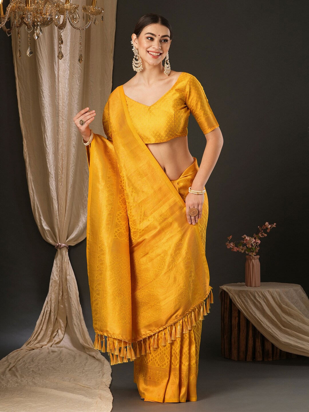 

Anouk Yellow Ethnic Motifs Silk Blend Designer Banarasi Saree