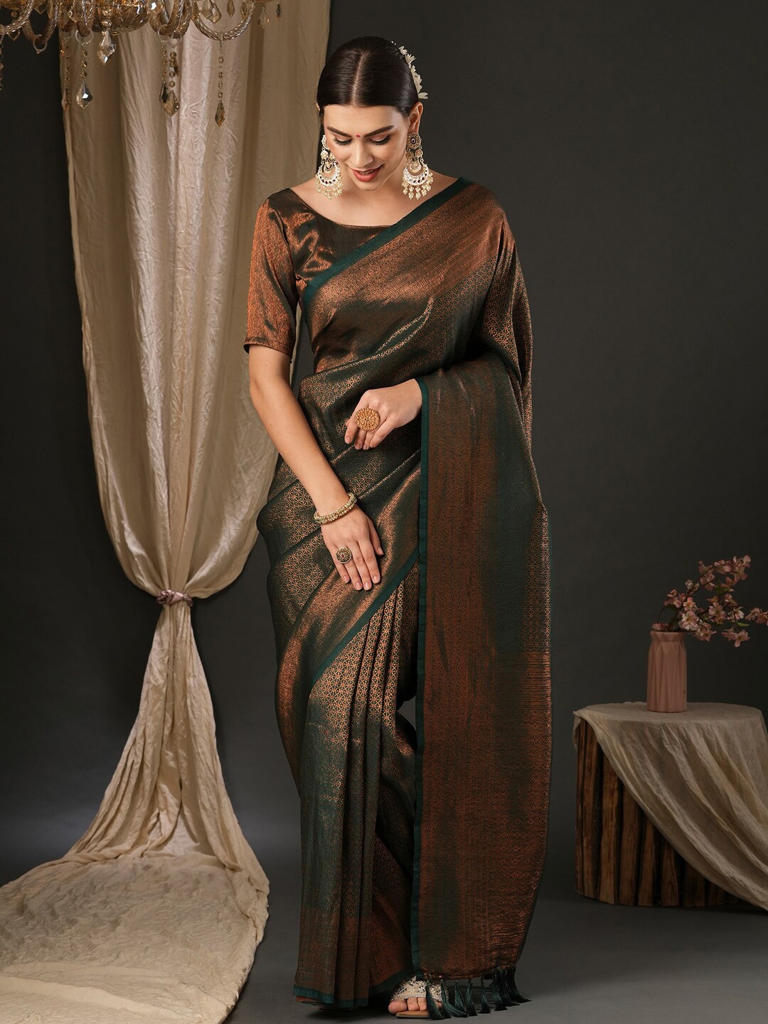 

Anouk Green Paisley Silk Blend Designer Banarasi Saree