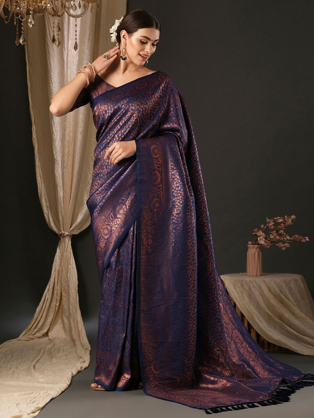 

Anouk Ethnic Motifs Woven Design Traditional Wear Banarasi Saree, Navy blue