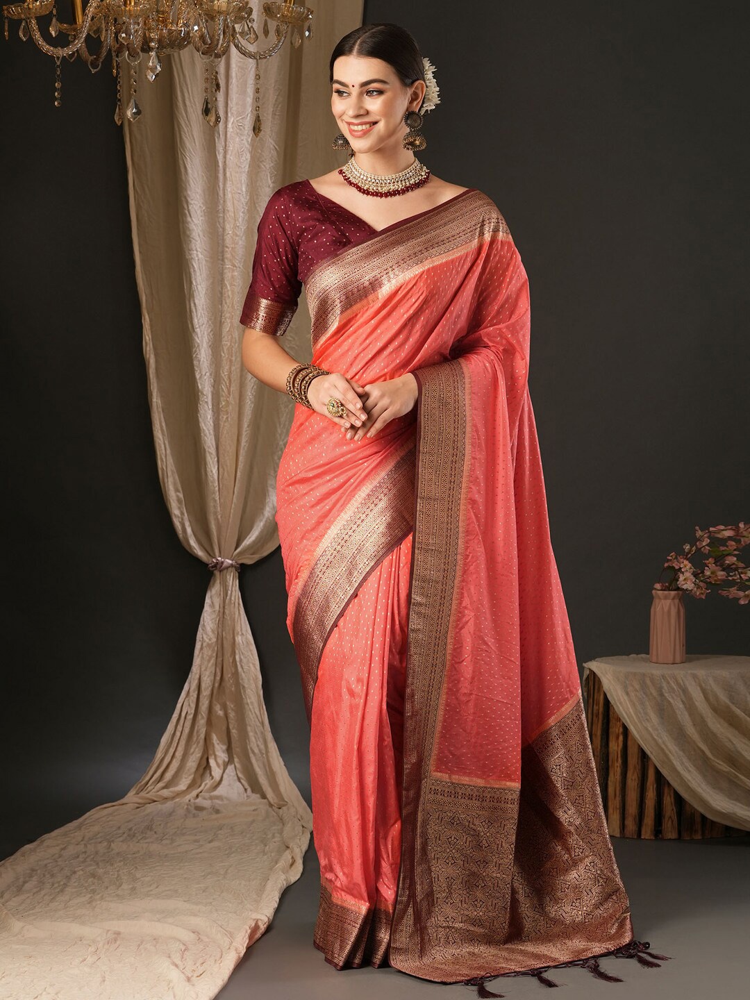 

Anouk Ethnic Motifs Zari Woven Design Banarasi Saree, Peach