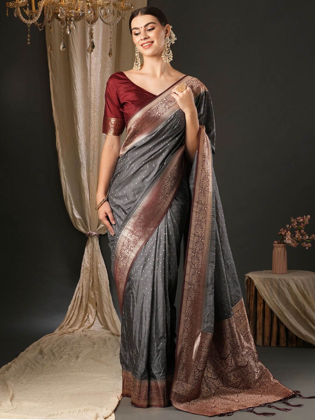 

Anouk Grey Ethnic Motifs Silk Blend Designer Banarasi Saree