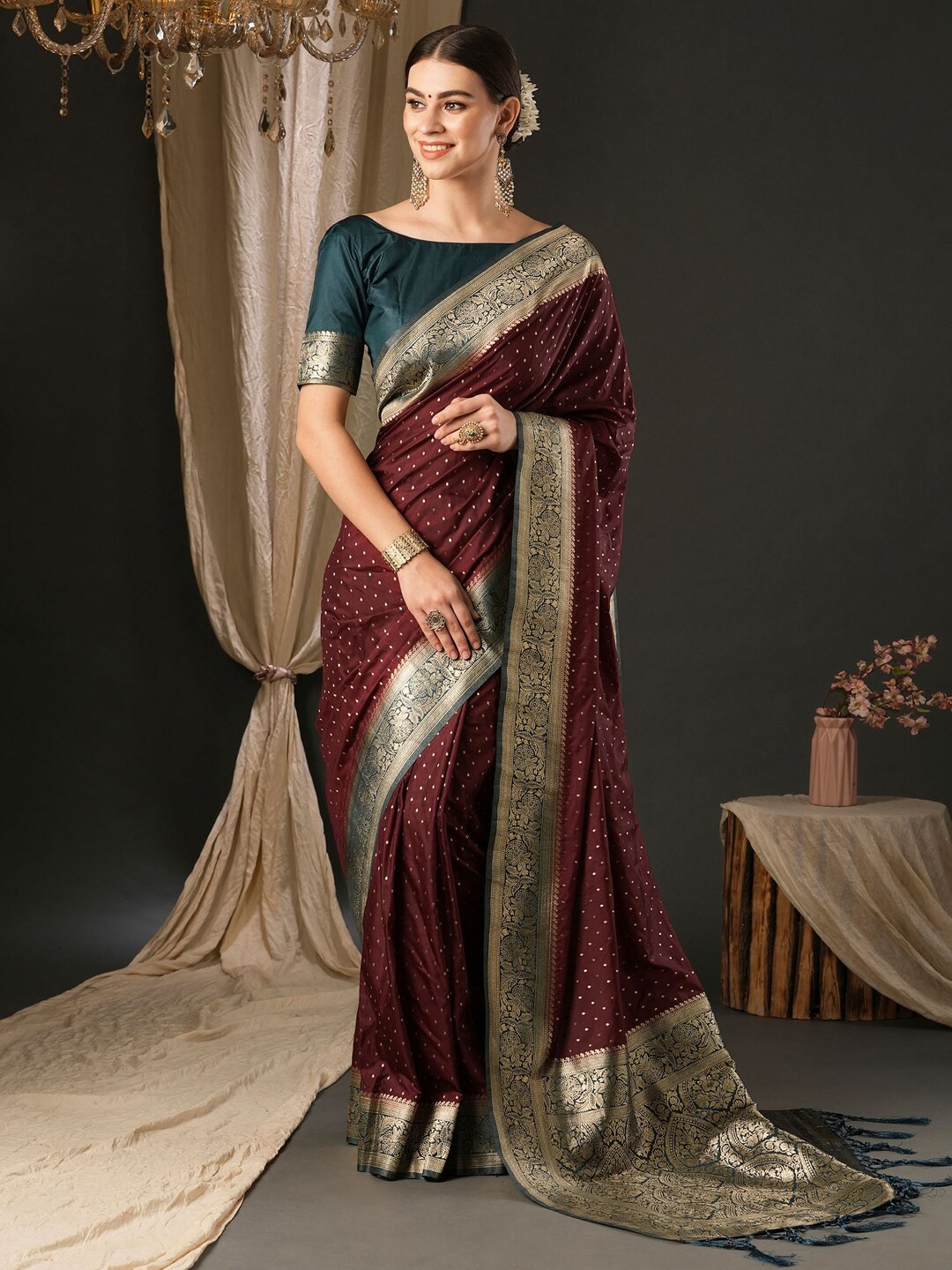 

Anouk Ethnic Motifs Zari Woven Design Banarasi Saree, Brown
