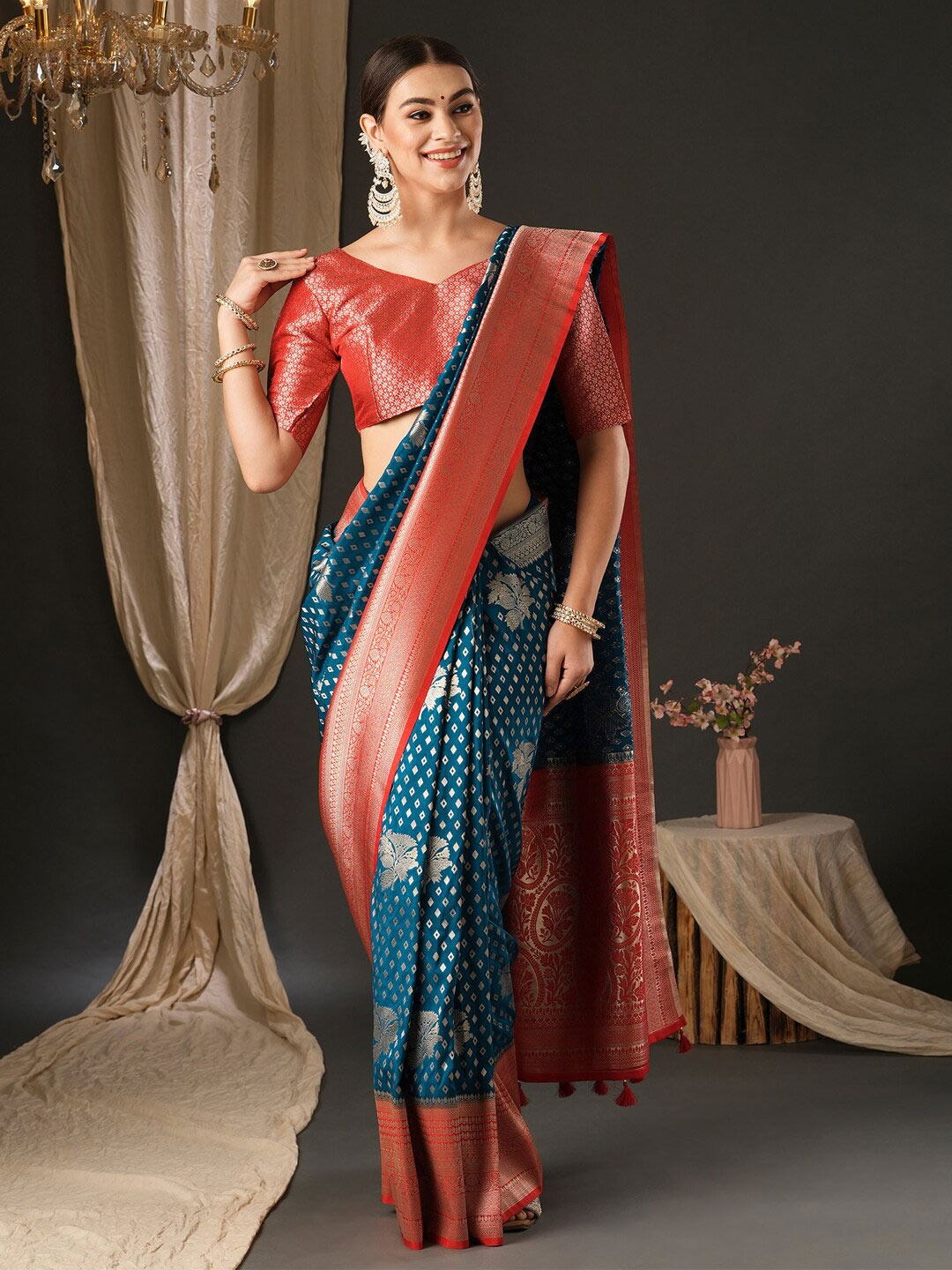 

Anouk Ethnic Motifs Pure Georgette Woven Design Traditional Wear Kanjeevaram Saree, Teal